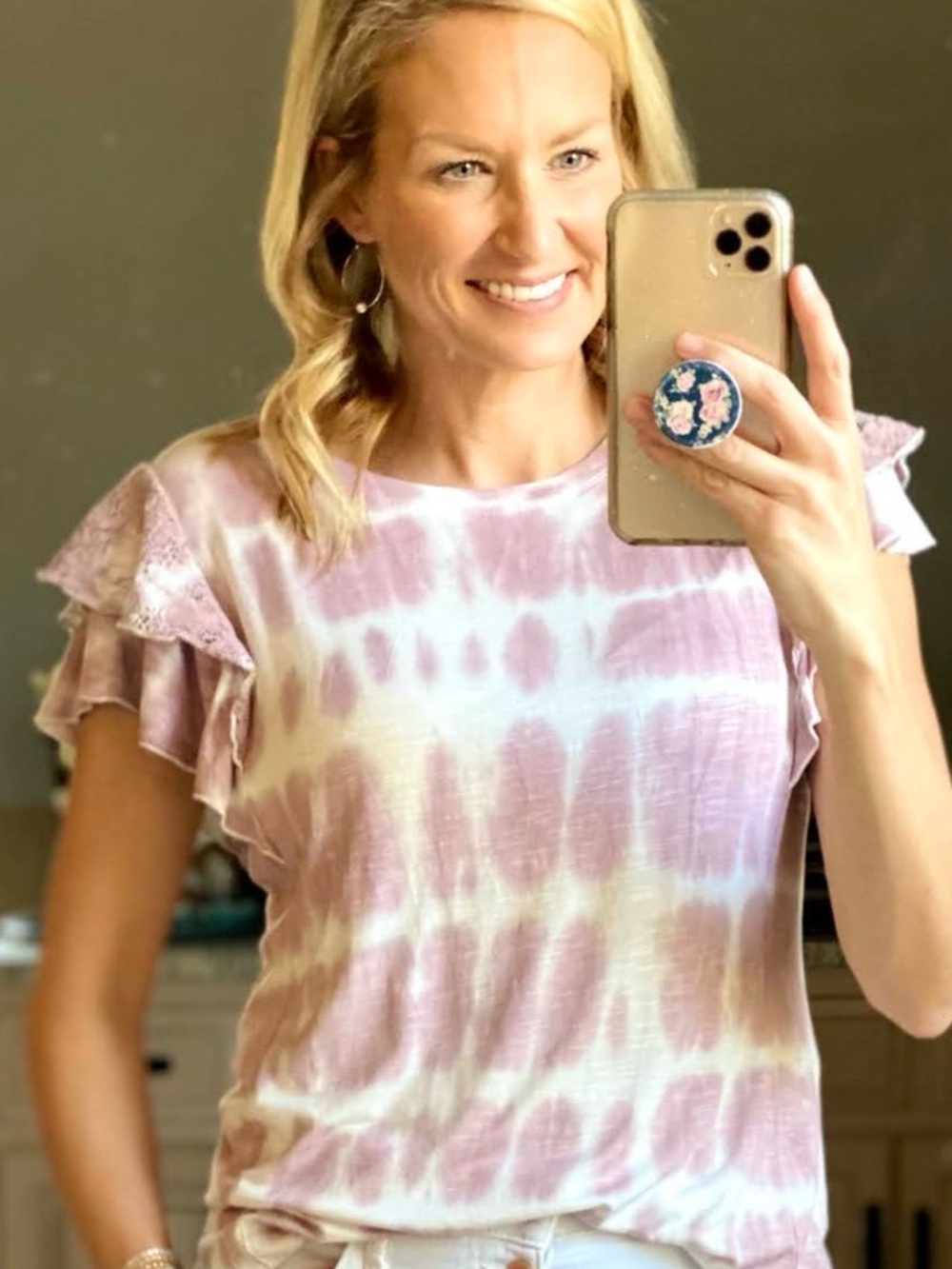 Knox Rose Cream and Dusty Pink Tie-Dye Ruffle Sleeve Top